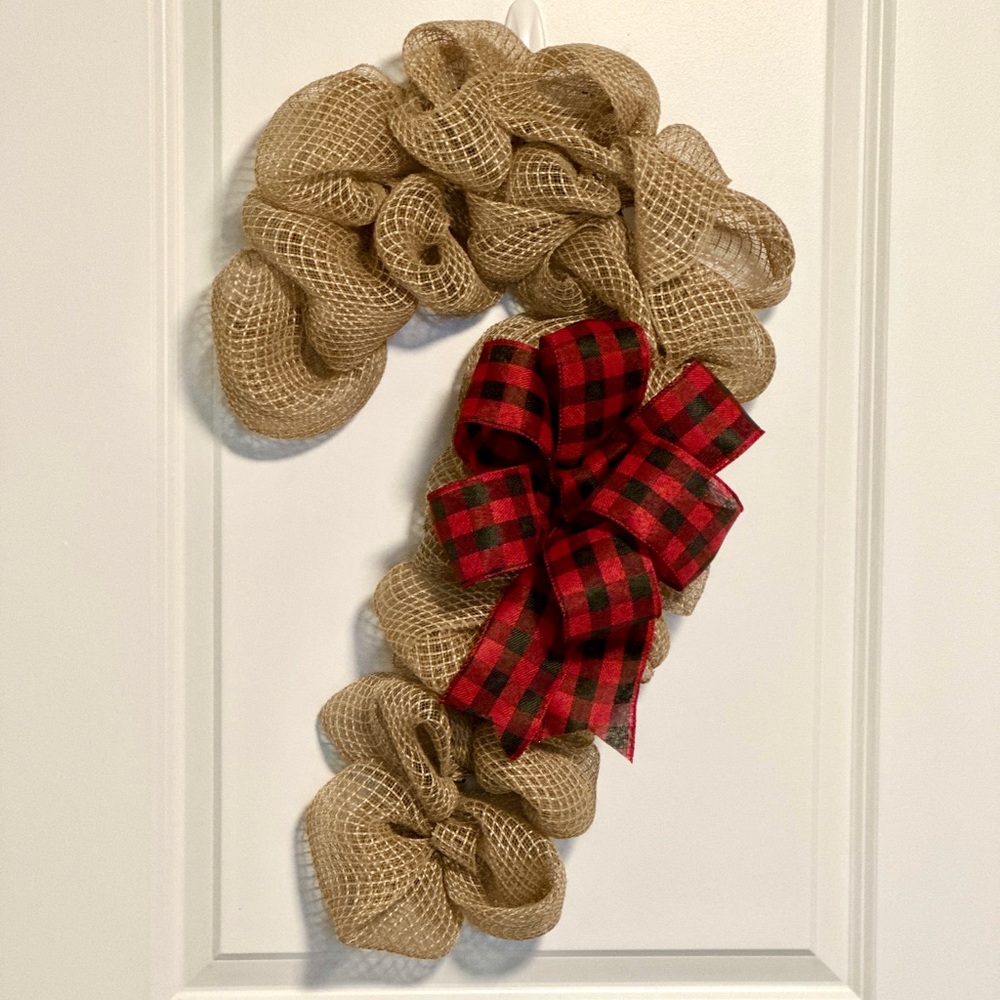 Candy Cane Burlap Wreath with Buffalo Check Bow Handmade Christmas Decor